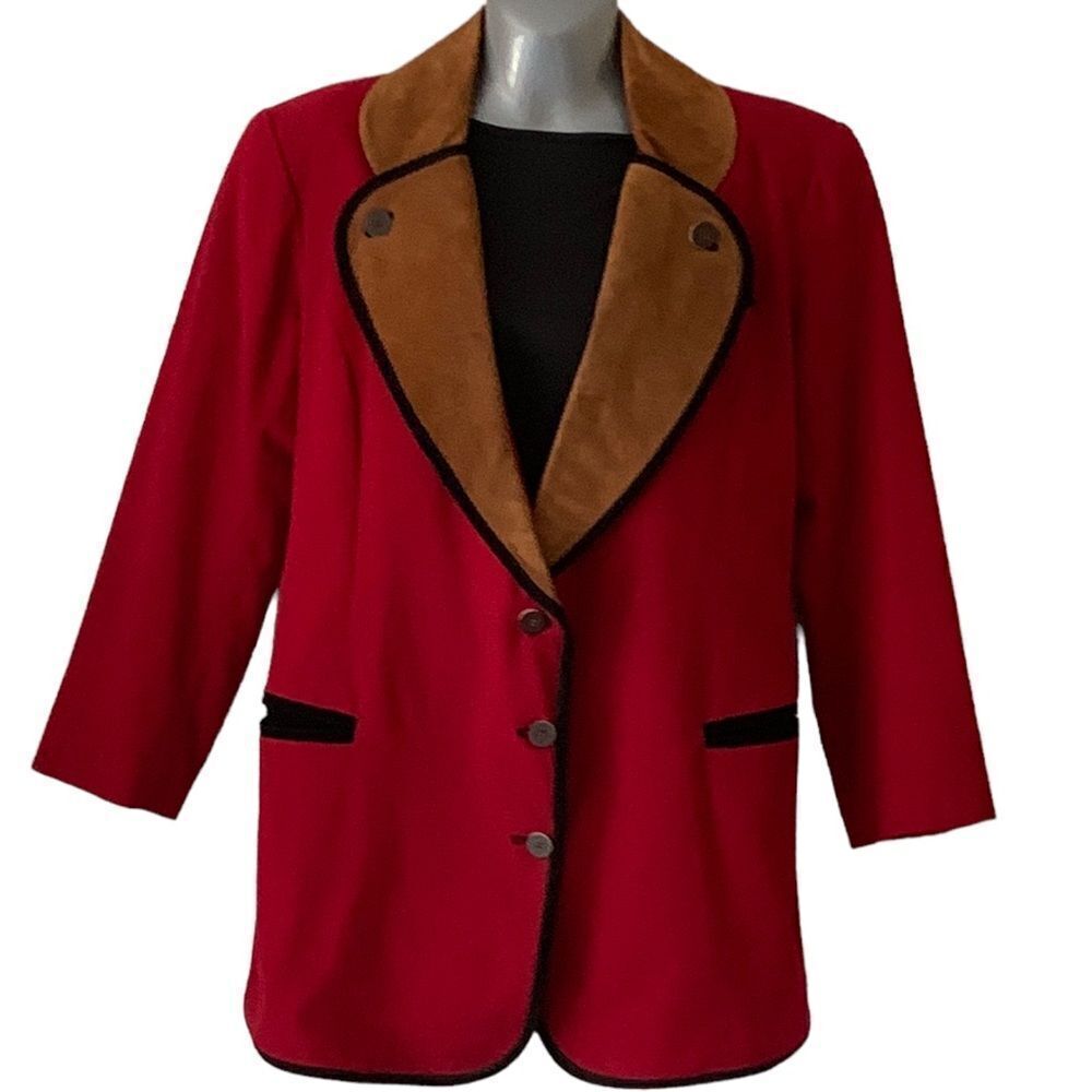 Women's Red Blazer with Brown Velvet Shawl Collar